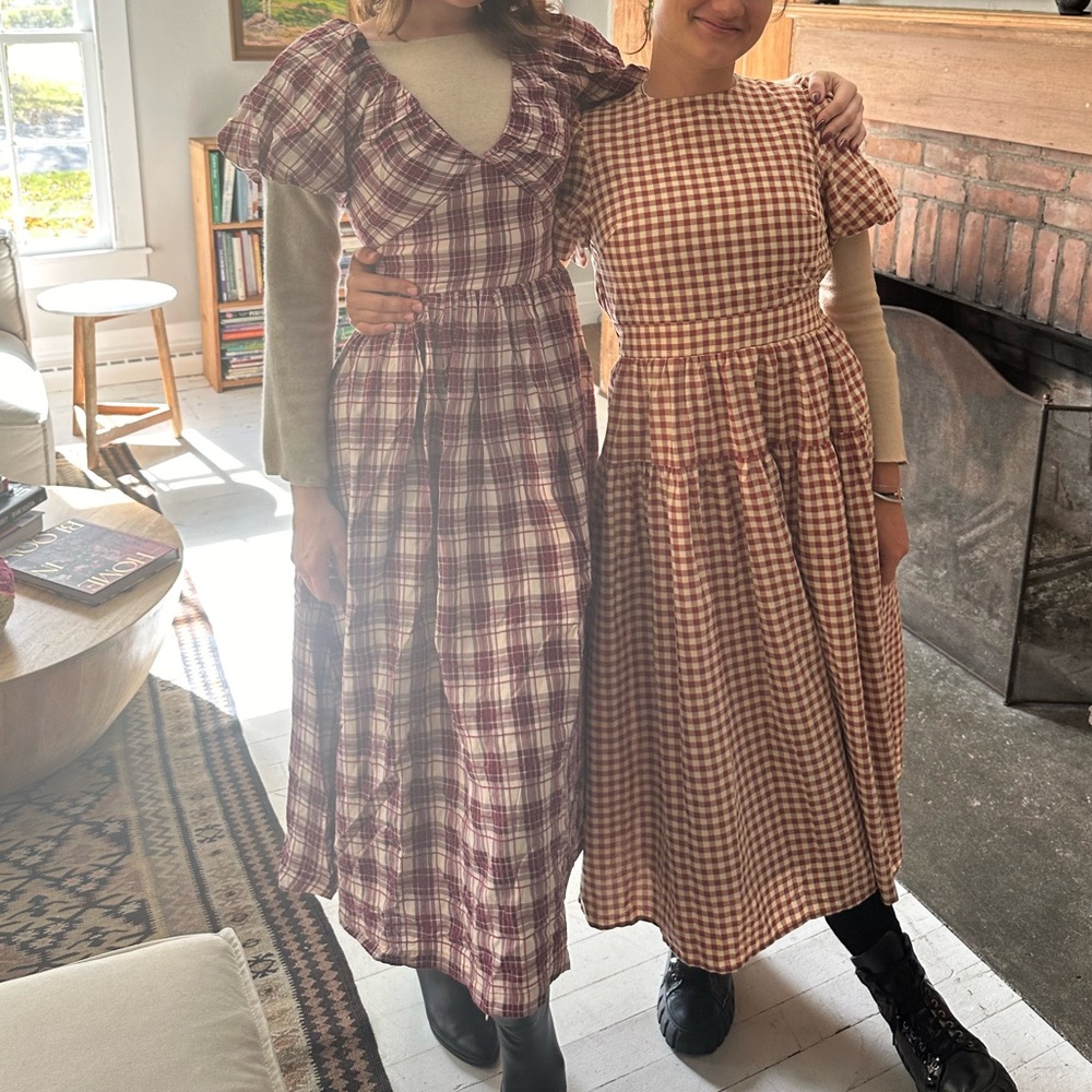 Puff Sleeve Cotton Plaid Dress in Burgundy and Beige